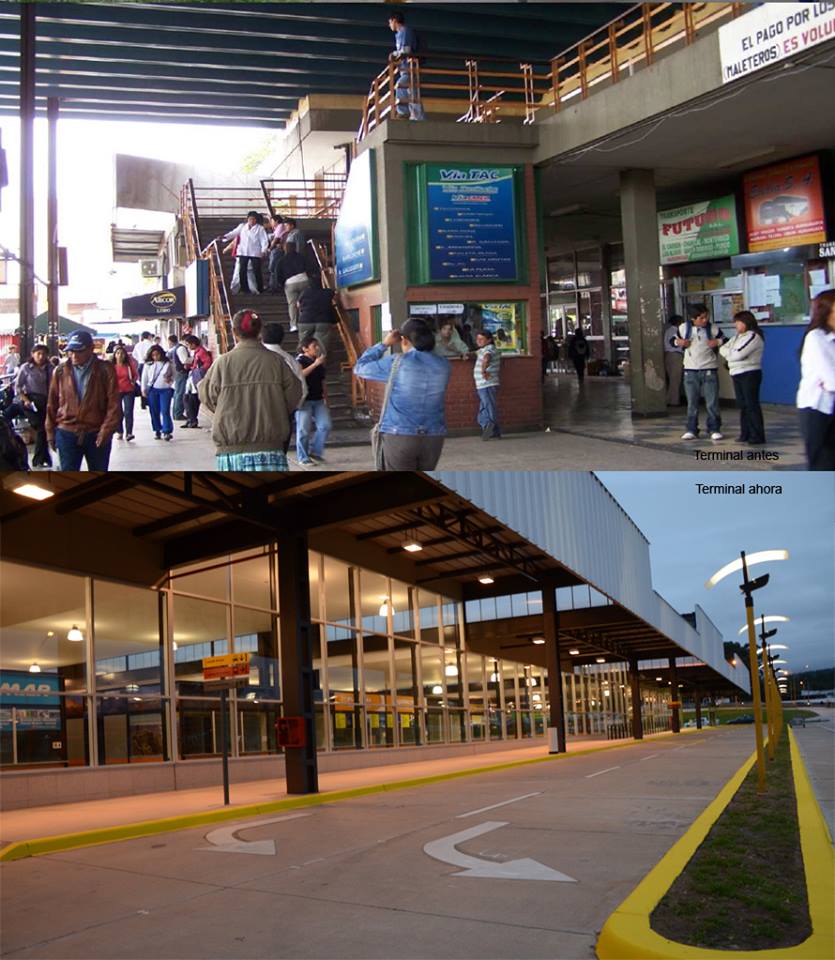 El antes y el después de la Terminal de Ómnibus de San Salvador de Jujuy, cuyas obras inaugura hoy Cristina Fernandez de Kirchner por videoconferencia.