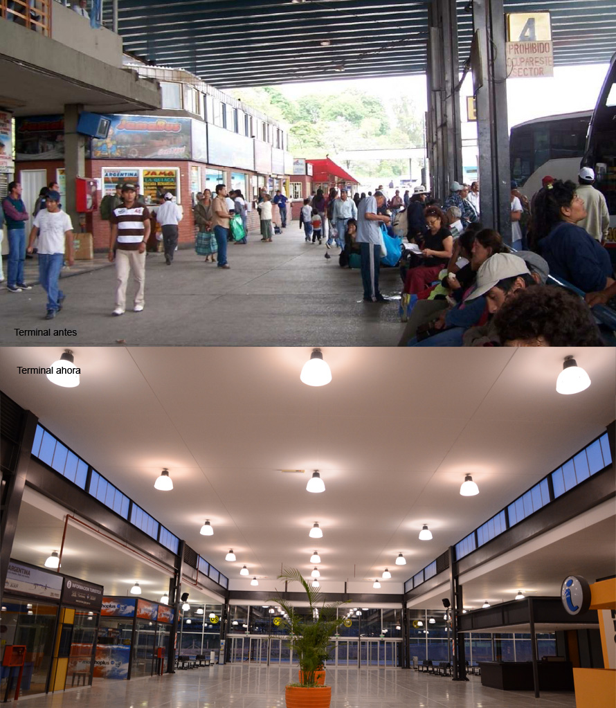 El antes y el después de la Terminal de Ómnibus de San Salvador de Jujuy, cuyas obras inauguró Cristina Fernandez de Kirchner por videoconferencia.