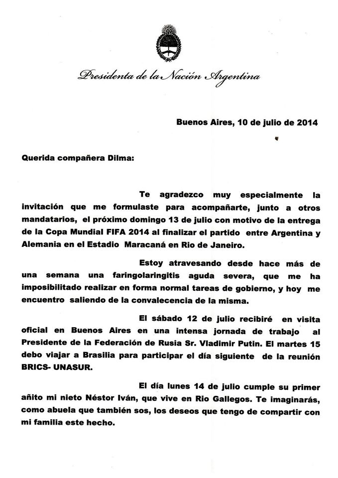 Carta a la compañera Dilma Rousseff sobre su invitación a la final del mundial #Brasil2014