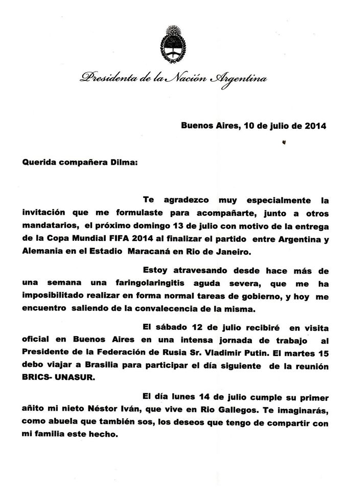 Carta a la compañera Dilma Rousseff sobre su invitación a 