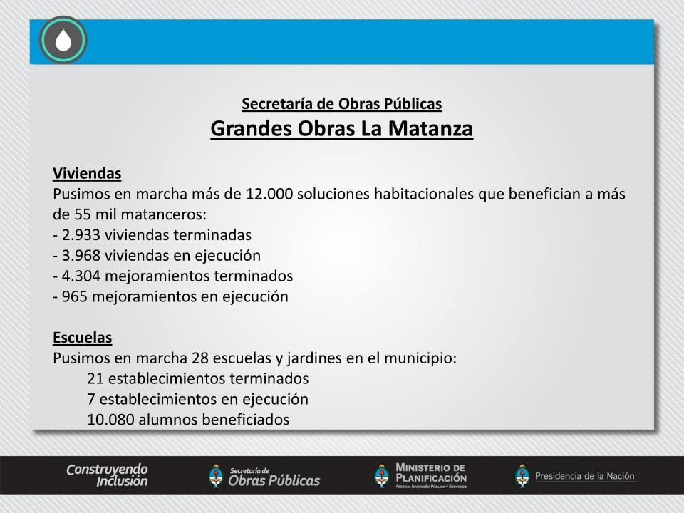 Grandes obras realizadas con inversión del Gobierno Nacional en La Matanza, Provincia de Buenos Aires.