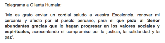 Telegrama de @Pontifex_es a Ollanta Humala, Presidente de Perú