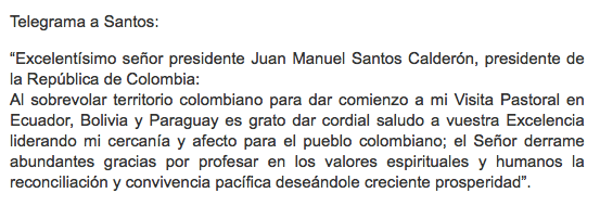 Telegrama de @Pontifex_es a Juan Manuel Santos, Presidente de Colombia.